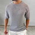 Camiseta de punto calado para hombre, manga corta, gris claro casual suave - Gris