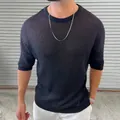 Camiseta de punto calado negro para hombre, manga corta de malla, top casual verano - Negro