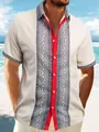 Detail of a men's waffle knit short sleeve shirt featuring a red placket and geometric print - Khaki