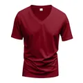 Vista dettagliata di alta qualità di una maglietta da uomo bordeaux con scollo a V slim fit - Borgogna