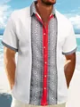 Close-up of men's waffle knit shirt with ethnic geometric print and red placket detail. - 3XL / Short Sleeve Lapel Shirt (HJ-0331F) / White