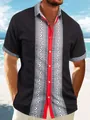 Detail view of men's waffle knit casual short sleeve shirt with unique 3D tribal print - 3XL / Short Sleeve Lapel Shirt (HJ-0331F) / Black