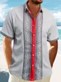 Detail of grey waffle knit men's shirt with tribal print and vibrant red placket - 3XL / Short Sleeve Lapel Shirt (HJ-0331F) / Gray
