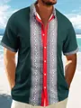 Close-up of men's dark green waffle knit shirt with ethnic print and red placket - Dark Green