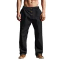 Detail view of men's loose linen trousers featuring a drawstring waist and button detail. - XL / Bottoms / Black