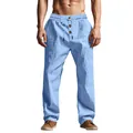 Detail view of light blue linen pants for men featuring drawstring waist and buttons. - Light Blue