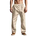 Detalle de pantalones de lino caqui transpirables para hombre con cintura con cordón - Caqui