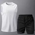 Men's athletic two-piece set with white quick-dry tank top and black double-layer gym shorts - XS / Top And Bottom / White Top + Black Shorts