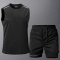 Black men's quick-dry fitness set including a sleeveless tank top and mesh shorts - XS / Top And Bottom / Black Set