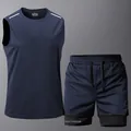 Men's navy blue quick-dry fitness set including tank top and mesh training shorts - XS / Top And Bottom / Dark Blue Top And Dark Blue Bottom
