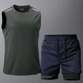 Men's quick-dry fitness set with grey tank top and navy 2-in-1 shorts - XS / Top And Bottom / Dark Gray Top And Dark Blue Bottom