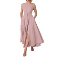 Sleeveless one-shoulder maxi dress with a waist belt and front slit in dusty pink. - XS / Dresses / Light Pink