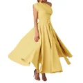 Elegant yellow one-shoulder sleeveless midi dress with belted waist and flared skirt - XS / Dresses / Light Yellow