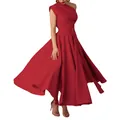 Elegant red one-shoulder sleeveless maxi dress featuring a tie-waist and flared hemline - XS / Dresses / Red