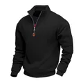 Detalle de sudadera de felpa pesada para hombre con media cremallera - S / Tops / Negro