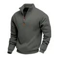 Detailed view of the half-zipper and stand-up collar on a warm men's fleece sweatshirt - Iron Gray