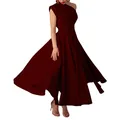 Close-up of a burgundy one-shoulder sleeveless maxi dress with a flowy A-line skirt - XS / Dresses / Burgundy