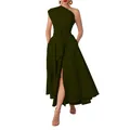 Elegant olive green one-shoulder belted maxi dress with high side slit for summer parties - XS / Dresses / Army Green