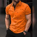 Orange men's short sleeve polo shirt with flamingo print and black contrast collar - S / Tops / Orange