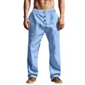 Pantalon d'été ample en lin pour homme avec cordon de serrage et boutons décor - Bleu clair