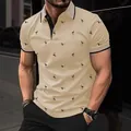 Men's stylish cream Polo shirt with all-over flamingo print for summer streetwear. - S / Tops / Khaki