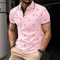 Stylish men's pink Polo shirt with all-over black flamingo print and contrast collar accents - S / Tops / Pink