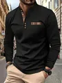 Detailed view of black long-sleeve Polo shirt with plaid accents and stand-up collar - S / Tops / Black