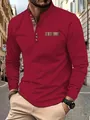 Detailed view of red casual long sleeve polo shirt for men with plaid stand collar trim - S / Tops / Burgundy