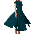 Detailed view of dark teal one-shoulder sleeveless flared dress with belted waist. - XS / Dresses / Midnight Blue