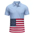Close-up of men's ice silk polo shirt featuring a classic American flag print design - S / Tops / Sky Blue