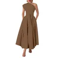 Detailed view of a brown one-shoulder sleeveless maxi dress with a cinched waist design - S / Dresses / Brown