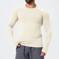Men's slim-fit seamless long-sleeve athletic t-shirt in cream for gym workout and running - Khaki