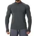 Men's dark grey seamless long sleeve fitness t-shirt with stand collar and half-zip - Dark Gray