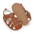 Close-up of brown baby sandals featuring a non-slip grooved rubber sole - Tan