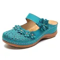 Retro turquoise flower sandals for women with laser-cut hollow pattern and thick wedge sole - Teal