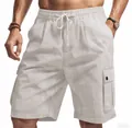 Detail view of men's linen cargo shorts featuring elastic waist and side pocket - S / Bottoms / Light Gray