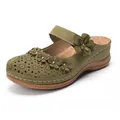 Retro olive green women's slide sandals with 3D floral accents and hollow pattern - 35 / Green