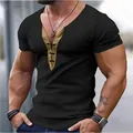 T-shirt de sport pour homme coupe ajustée col en V bicolore en noir et doré chic - Noir