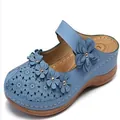 Casual blue women's wedge sandals with floral cutout design and round toe - Blue