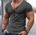 T-shirt homme col en V cintré à manches courtes et détails lacets, gris foncé chiné - Gris