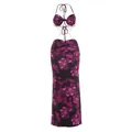 Chic sexy purple floral halter neck dress with metallic bead chain waist detail - Purple