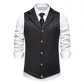 Detail of men's black paisley jacquard suit vest with gold buttons and lapel. - S / Tops / Black
