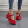 Red mesh Mary Jane casual sports shoes with chunky red sole and velcro strap closure - 35 / Red