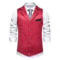 Detail view of red paisley jacquard men's suit vest with elegant lapel design. - S / Tops / Burgundy