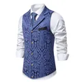 Detailed view of men's slim fit blue paisley pattern suit vest with lapel - S / Tops / Blue