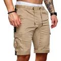 Men's khaki cargo shorts featuring black side stripes and drawstring elastic waist SKU - S / Bottoms / Khaki