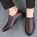 Stylish men's brown soft leather slip-on loafers with comfortable flexible rubber sole - Brown