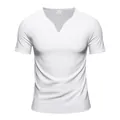 Detail view of a white men's quick-dry V-neck T-shirt with unique notched collar. - S / Tops / White
