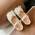 Sweet girl's princess shoes with elegant lace bow and pearl details in cream white - Off White