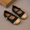 Elegante Mary Jane Schuhe aus schwarzem Tweed für Mädchen mit goldener Metallkappe - Größe 23 (Innen 14.5cm) / Mary Jane Prinzessin Schuhe / Schwarz & Gold